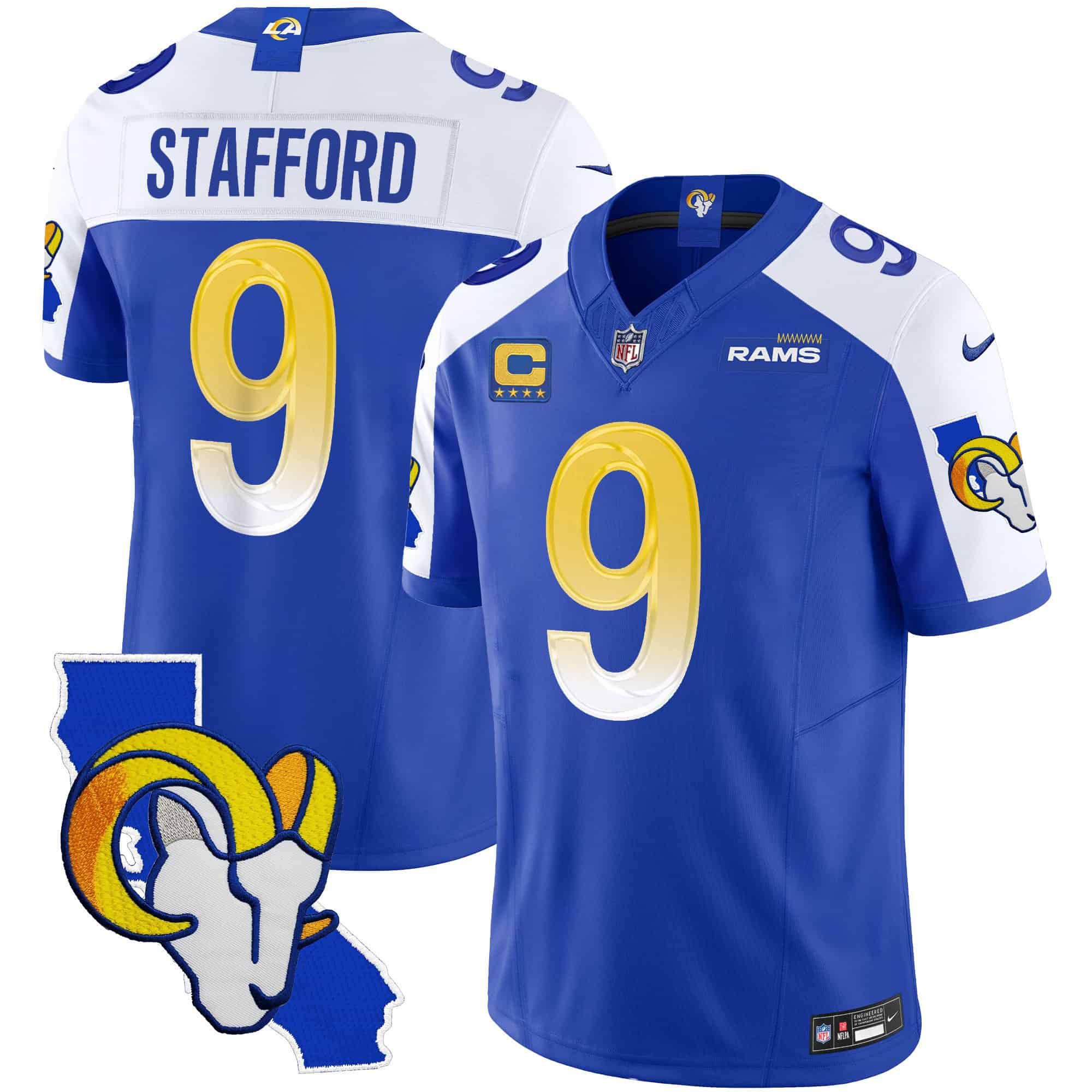Men Los Angeles Rams #9 Stafford Blue 2024 Nike California Patch Vapor Limited NFL Jersey